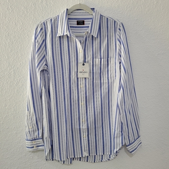 UNTUCKit Tops - UNTUCKit Pinot Perse Shirt,  Striped Blue White Long Sleeve Button Up NWT SZ 10
